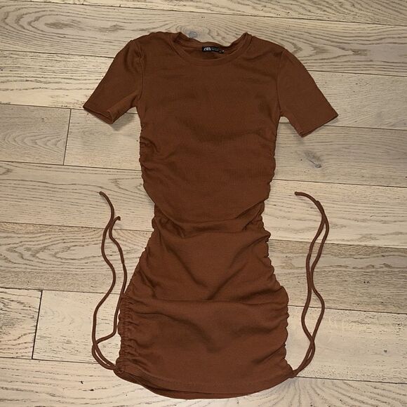 Zara Ruched Ribbed Mini Dress Brown Worn Once - Picture 4 of 5